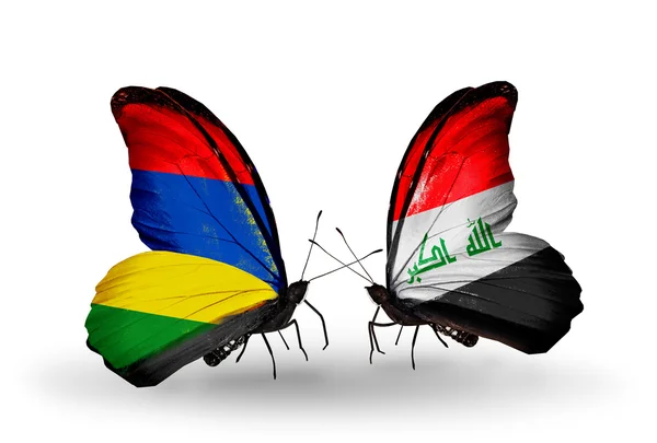 Butterflies with Mauritius and  Iraq flags — Stock Photo, Image