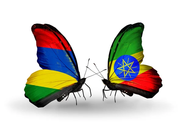Butterflies with  Mauritius and Ethiopia flags — Stock Photo, Image