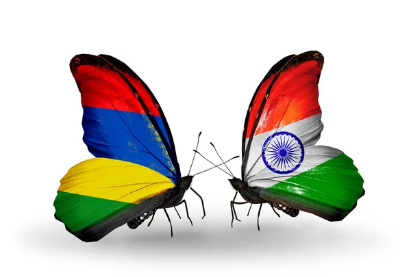 Butterflies with Mauritius and India flags — Stock Photo, Image