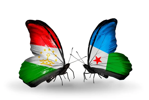 Mariposas con banderas de Tayikistán y Yibuti — Foto de Stock