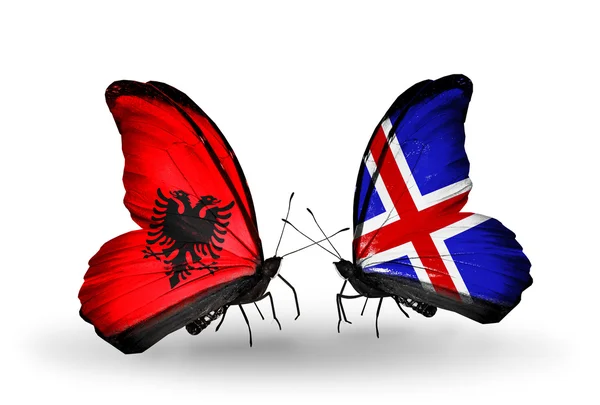 Butterflies with  Albania and Iceland flags — Stock Photo, Image