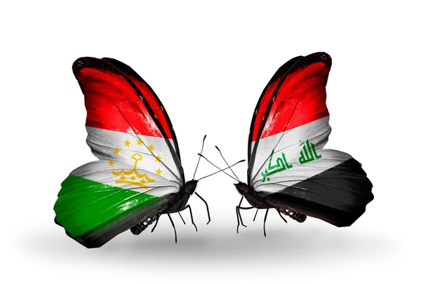 Borboletas com bandeiras do Tajiquistão e do Iraque — Fotografia de Stock
