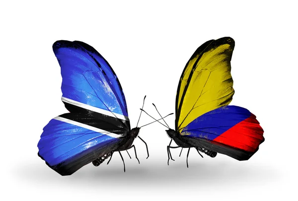 Butterflies with  Botswana and Columbia flags — Stock Photo, Image