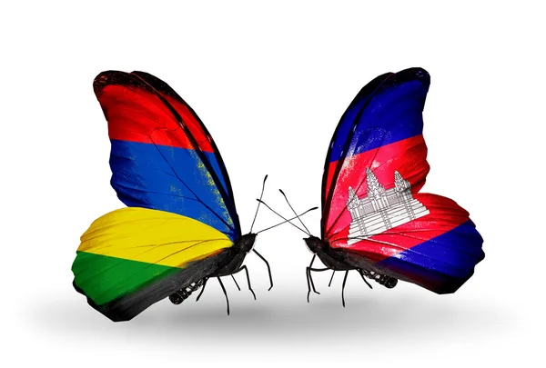 Butterflies with Mauritius and  Cambodia flags — Stock Photo, Image