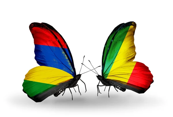 Butterflies with Mauritius and  Kongo flags — Stock Photo, Image