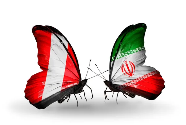 Butterflies with Peru and Iran flags — Stock Photo, Image