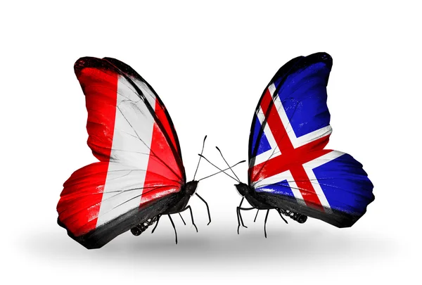 Butterflies with Peru and Iceland flags — Stock Photo, Image