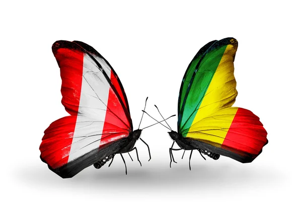 Butterflies with Peru and Kongo flags — Stock Photo, Image