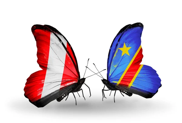 Butterflies with Peru and Kongo flags — Stock Photo, Image