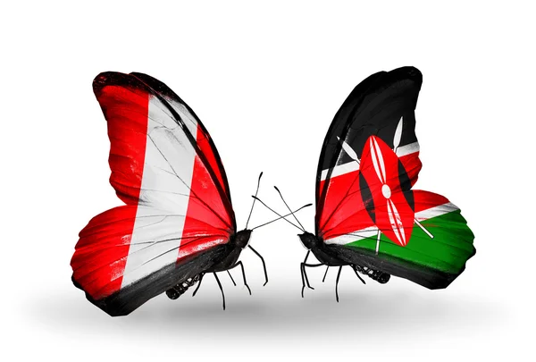 Butterflies with  Peru and Kenya flags — Stock Photo, Image