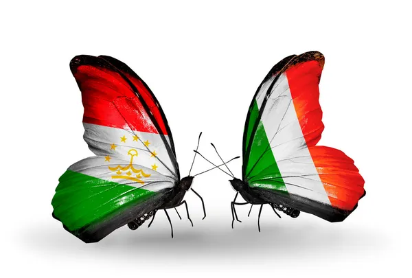 Mariposas con banderas de Tayikistán e Irlanda — Foto de Stock