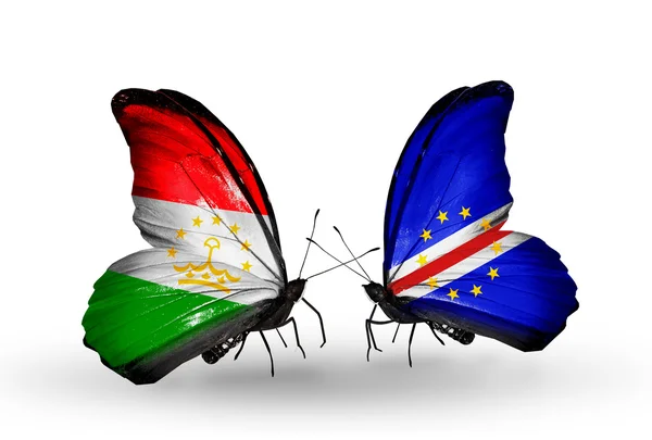 Butterflies with Tajikistan and Cape Verde flags — Stock Photo, Image