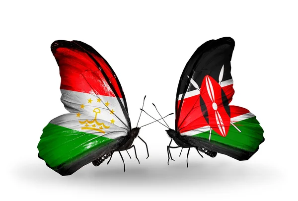 Butterflies with Tajikistan and Kenya flags — Stock Photo, Image