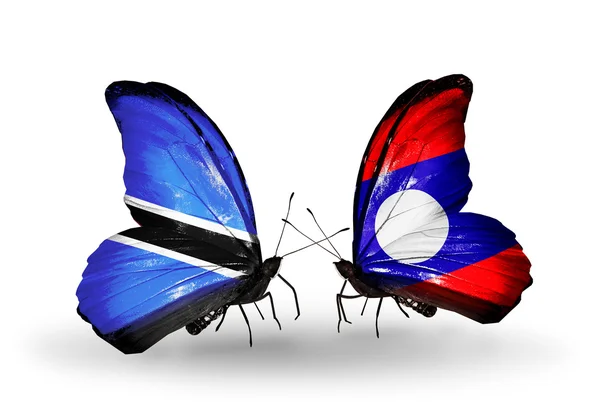 Butterflies with Botswana and Laos  flags — Stock Photo, Image