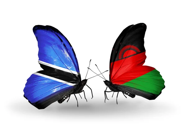 Farfalle con bandiere Botswana e Malawi — Foto Stock