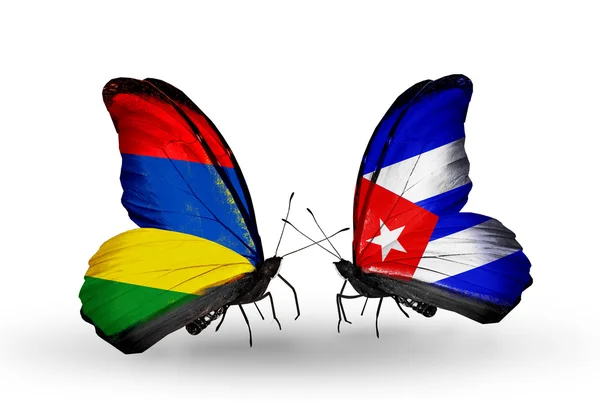 Butterflies with Mauritius and Cuba flags — Stock Photo, Image