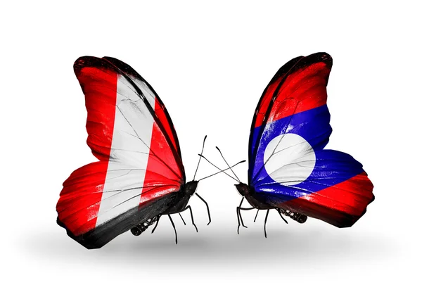 Butterflies with  Peru and Laos flags — Stock Photo, Image