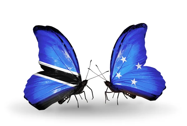 Farfalle con bandiere Botswana e Micronesia — Foto Stock