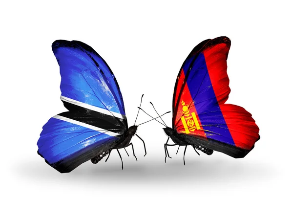 Butterflies with Botswana and Mongolia flags — Stock Photo, Image