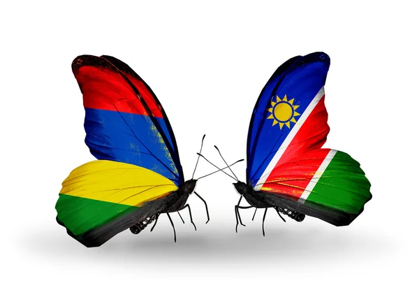 Farfalle con bandiere Mauritius e Namibia — Foto Stock