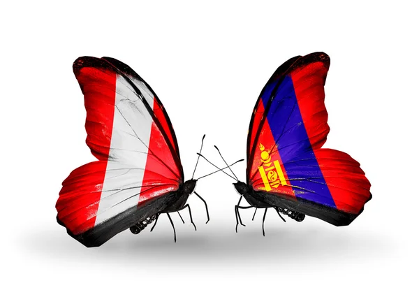 Butterflies with Peru and Mongolia flags — Stock Photo, Image