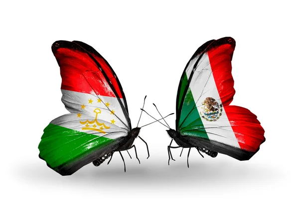 Butterflies with Tajikistan and Mexico flags — Stock Photo, Image