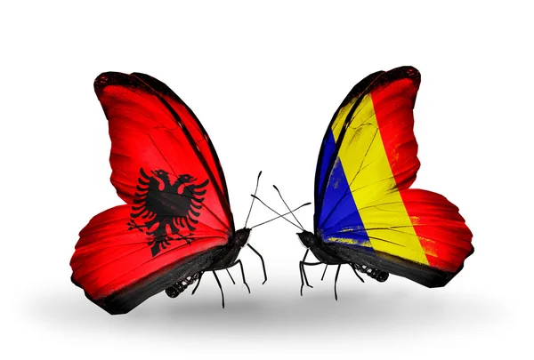 Borboletas com Albânia e Chade, Roménia bandeiras — Fotografia de Stock