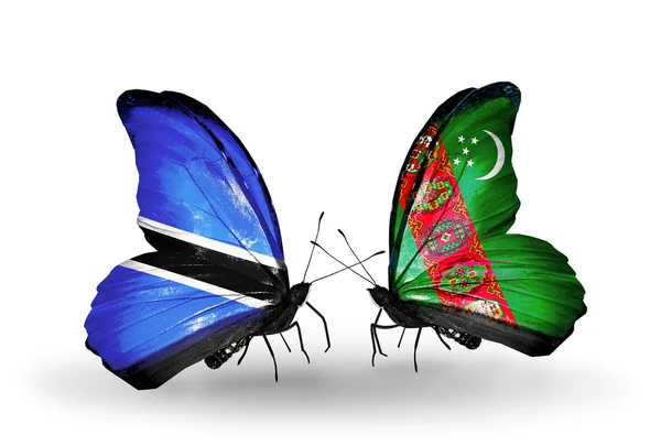 Kelebekler botswana ve Türkmenistan bayrağı ile — Stok fotoğraf