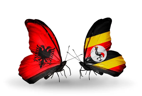 Mariposas con banderas de Albania y Uganda — Foto de Stock