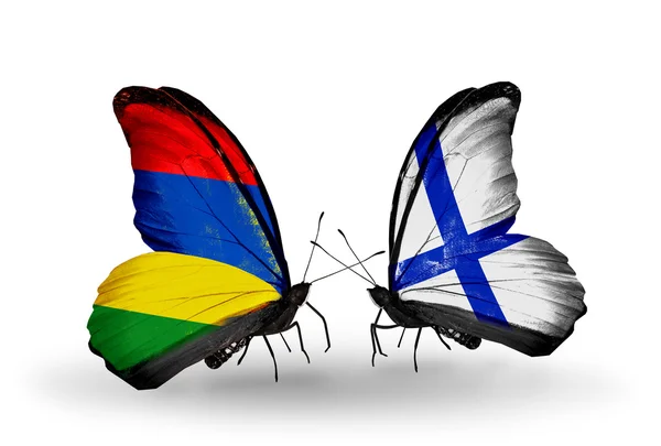 Butterflies with  Mauritius and Finland flags — Stock Photo, Image