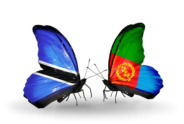 Butterflies with Botswana and Eritrea flags — Stock Photo, Image