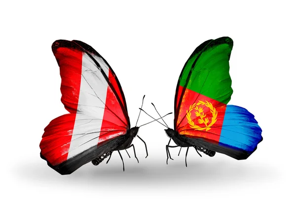Butterflies with Peru and Eritrea flags — Stock Photo, Image