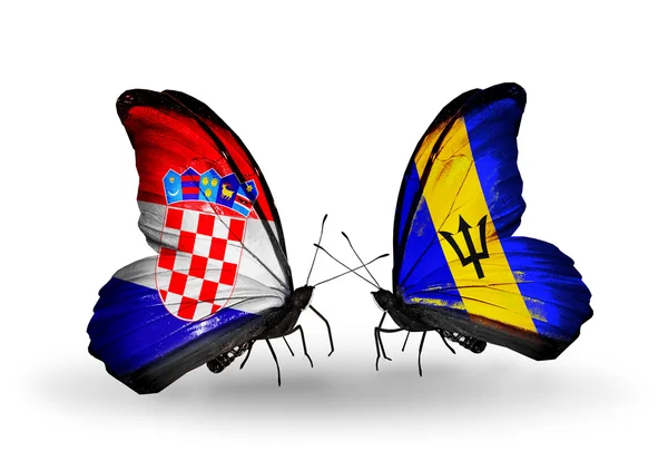 Butterflies with Croatia and Barbados flags — Stock Photo, Image