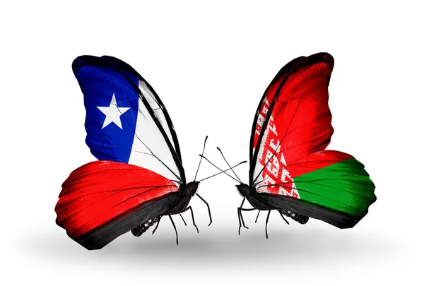 Butterflies with Chile and Belarus flags — Stock Photo, Image