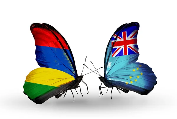 Butterflies with Mauritius and Tuvalu flags — Stock Photo, Image