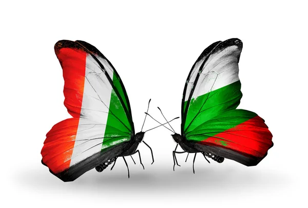 Butterflies with Cote Divoire and Bulgaria flags — Stock Photo, Image