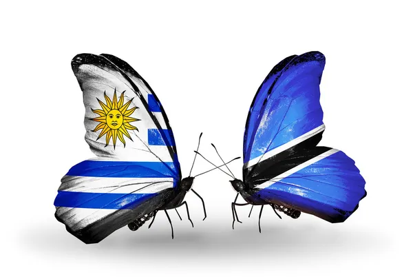 Butterflies with Uruguay and Botswana flags — Stock Photo, Image