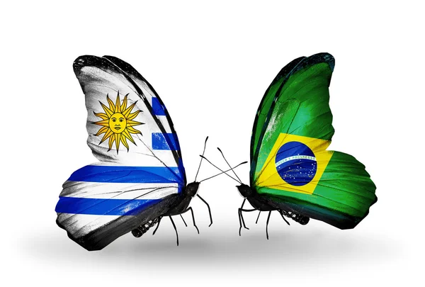 Butterflies with Uruguay and Brazil flags — Stock Photo, Image