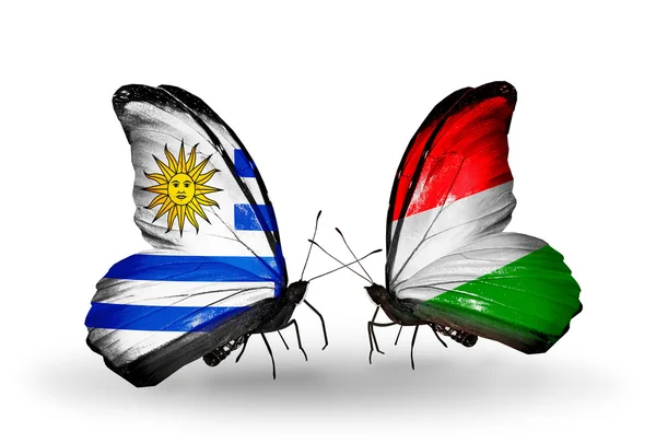 Butterflies with Uruguay and Hungary flags — Stock Photo, Image