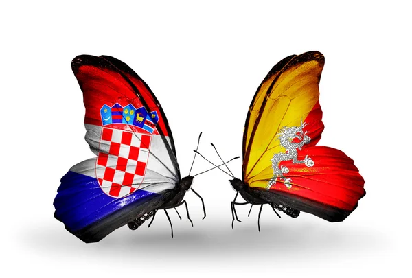 Butterflies with Croatia and Bhutan flags — Stock Photo, Image