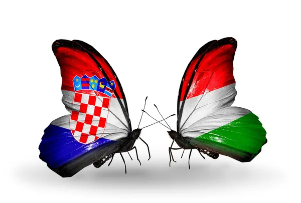 Butterflies with Croatia and Hungary flags — Stock Photo, Image