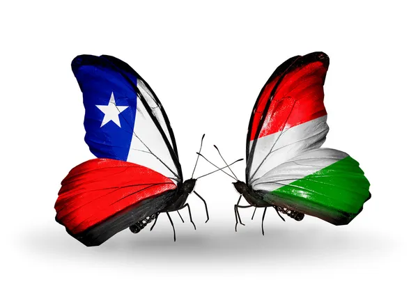 Butterflies with Chile and Hungary flags — Stock Photo, Image