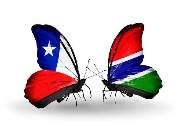 Butterflies with Chile and Gambia flags — Stock Photo, Image