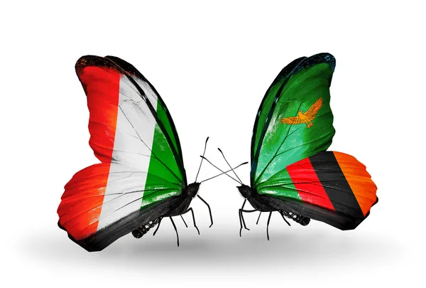 Butterflies with Cote Divoire and Zambia flags — Stock Photo, Image