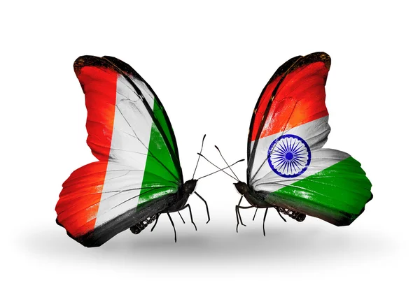 Butterflies with Cote Divoire and India flags — Stock Photo, Image