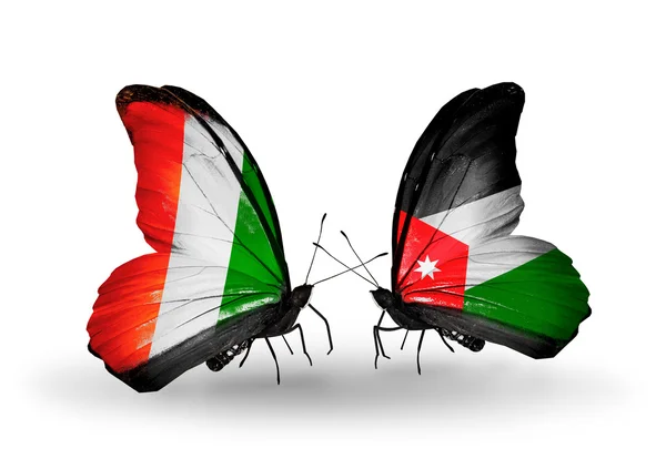 Papillons avec drapeaux Côte Divoire et Jordanie — Photo