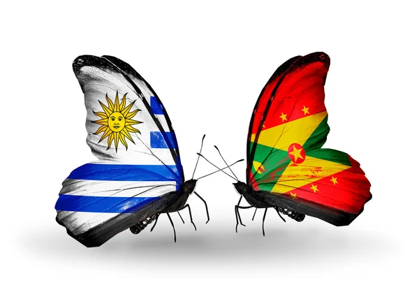 Fjärilar med uruguay och grenada flaggor — Stockfoto