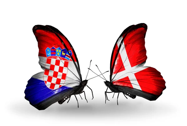 Butterflies with Croatia and Denmark flags — Stock Photo, Image