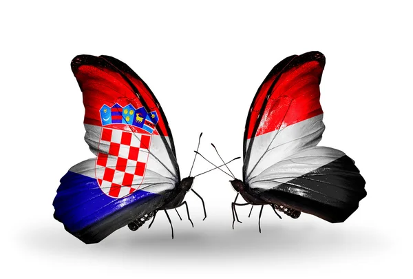 Butterflies with Croatia and Yemen flags — Stock Photo, Image