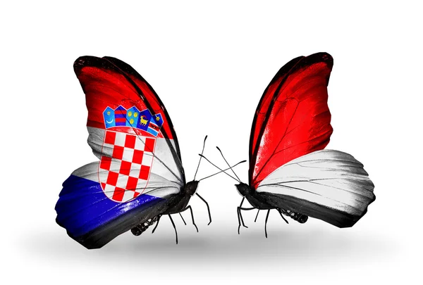 クロアチア、モナコ、インドネシア フラグと蝶 — ストック写真